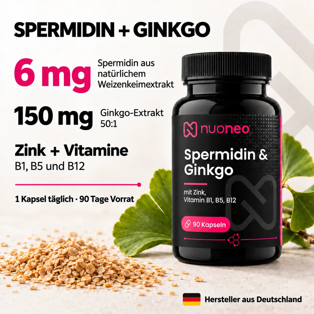 Spermidin 6 mg mit Ginkgo – 90 Kapseln von nuoneo