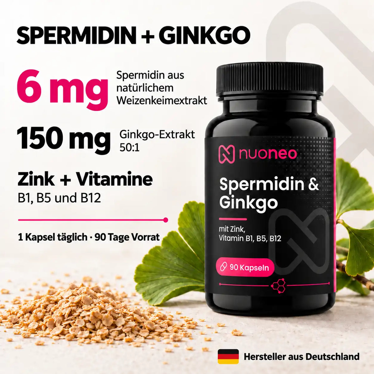 Spermidin und Ginkgo Kapseln mit 6 mg Spermidin und 150 mg Ginkgo-Extrakt – Hersteller aus Deutschland