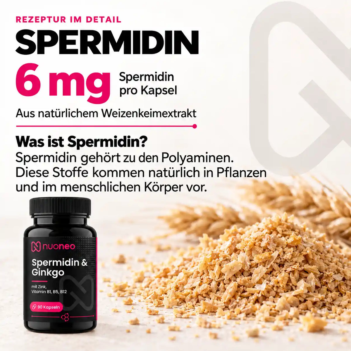 6 mg Spermidin pro Kapsel aus natürlichem Weizenkeimextrakt