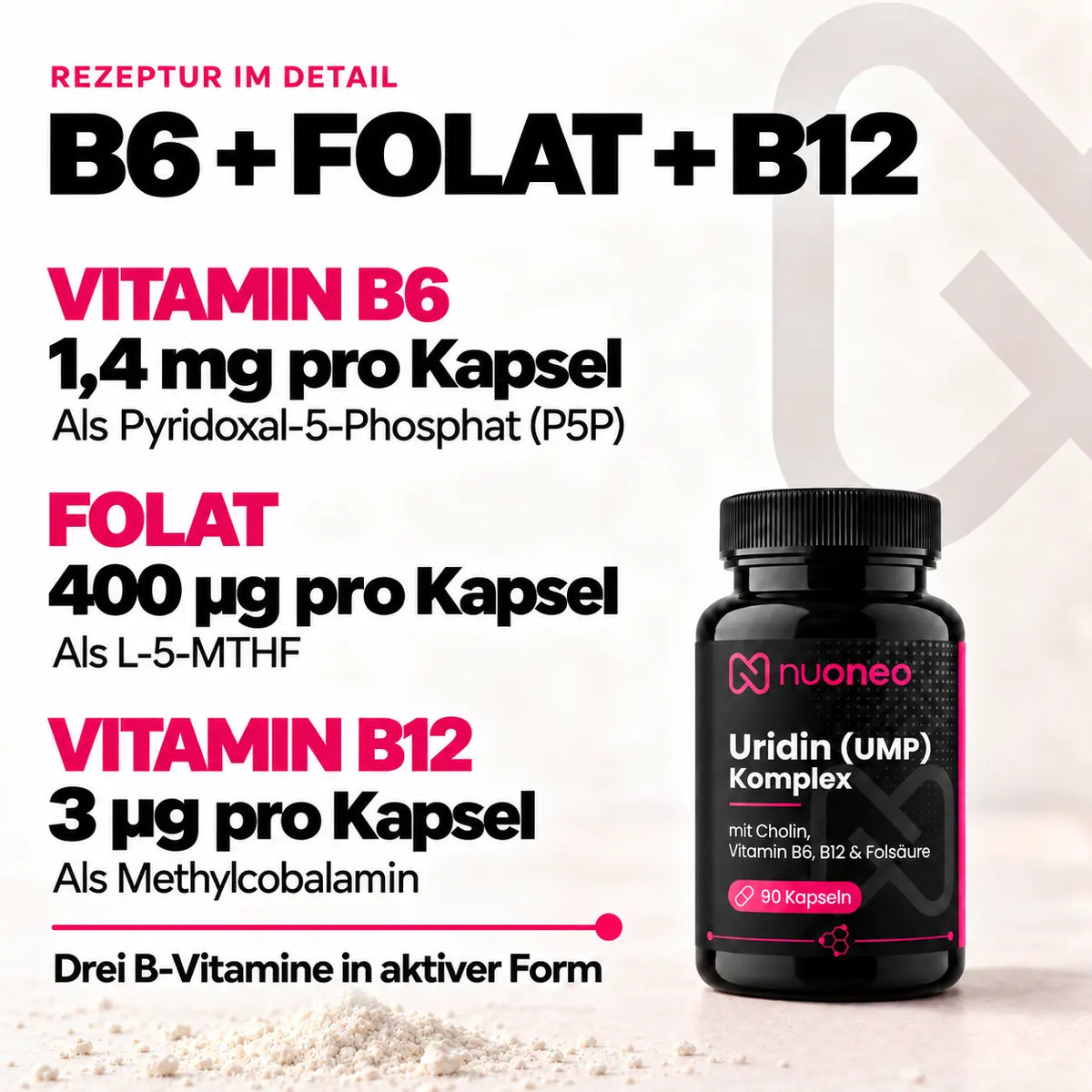 Aktive B-Vitamine im nuoneo UMP Komplex: Vitamin B6 als P5P, Folat als L-5-MTHF und Vitamin B12 als Methylcobalamin