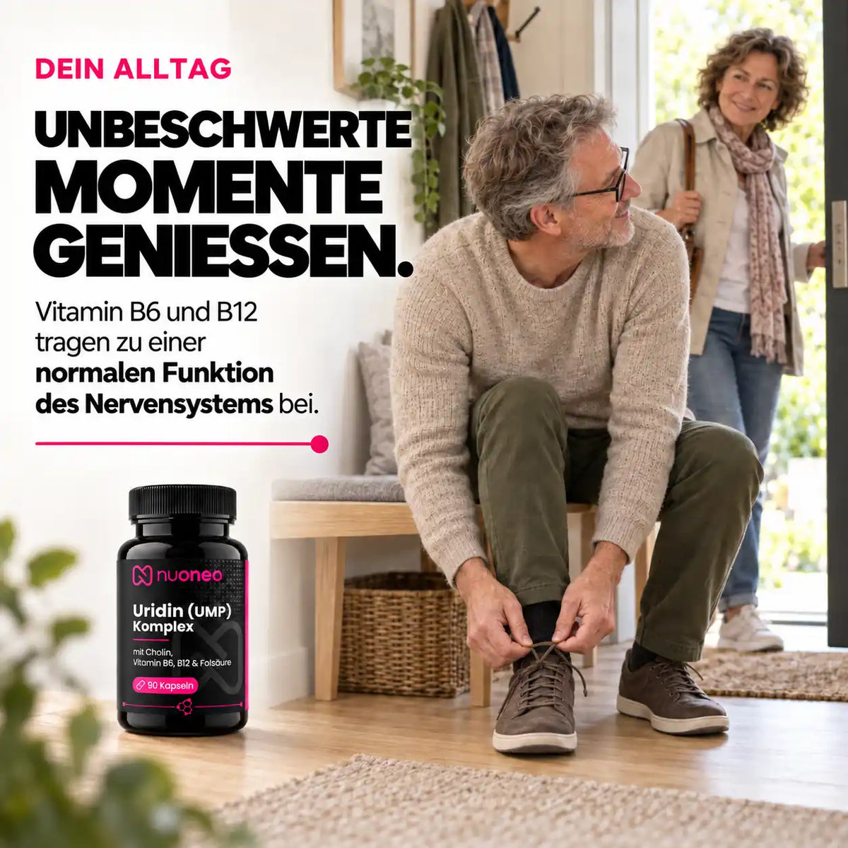 Älteres Paar im Alltag neben nuoneo Uridin (UMP) Cholin Komplex mit Vitamin B6 und B12 für das Nervensystem