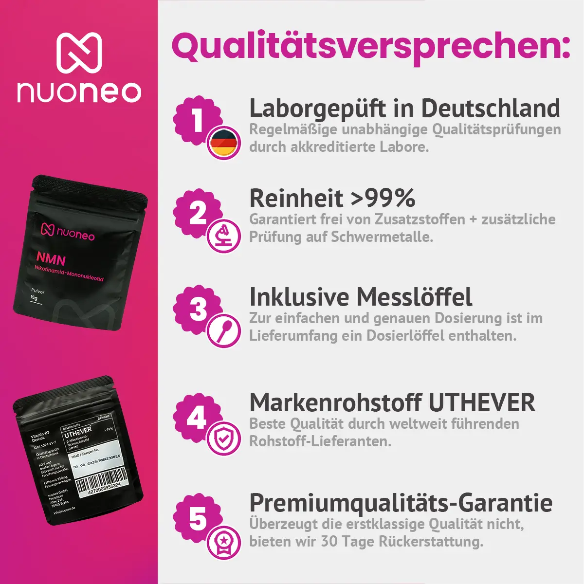 NMN Pulver Übersicht Qualitätsprüfung 15g und 30g