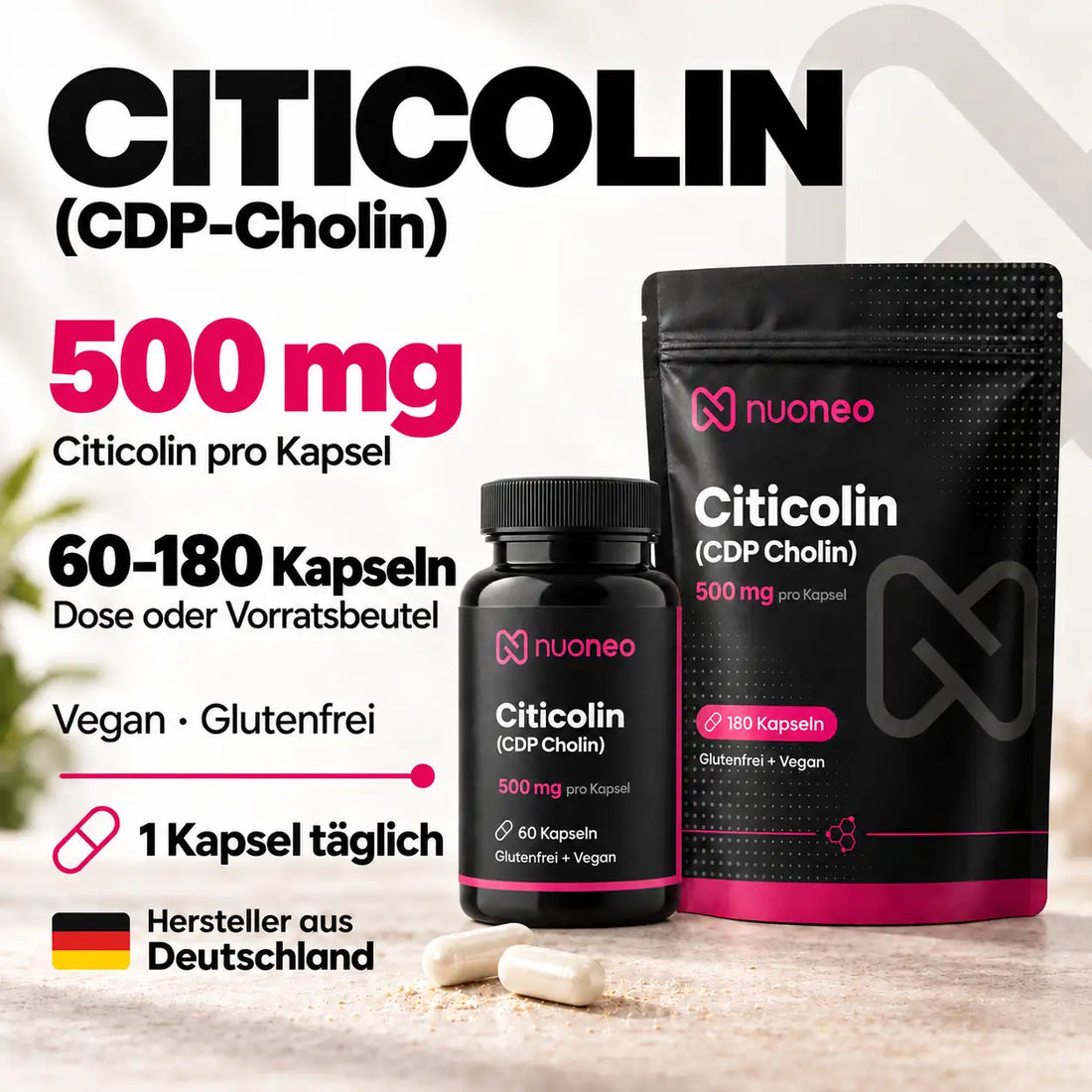 nuoneo Citicolin 500 mg (CDP-Cholin), 60 vegane Kapseln