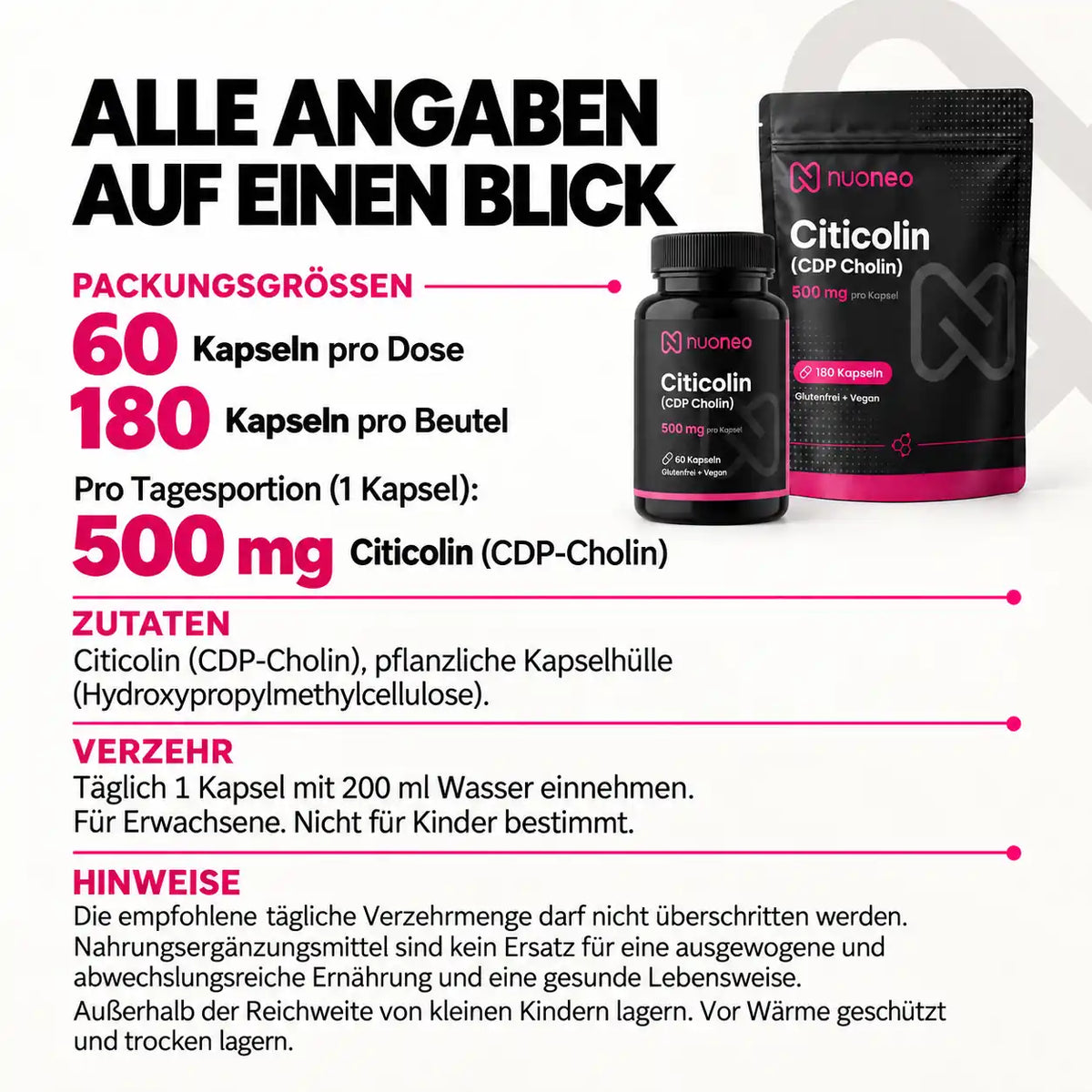 Produktdaten zu Citicolin 500 mg: Packungsgrößen, Zutaten, Verzehr und Hinweise