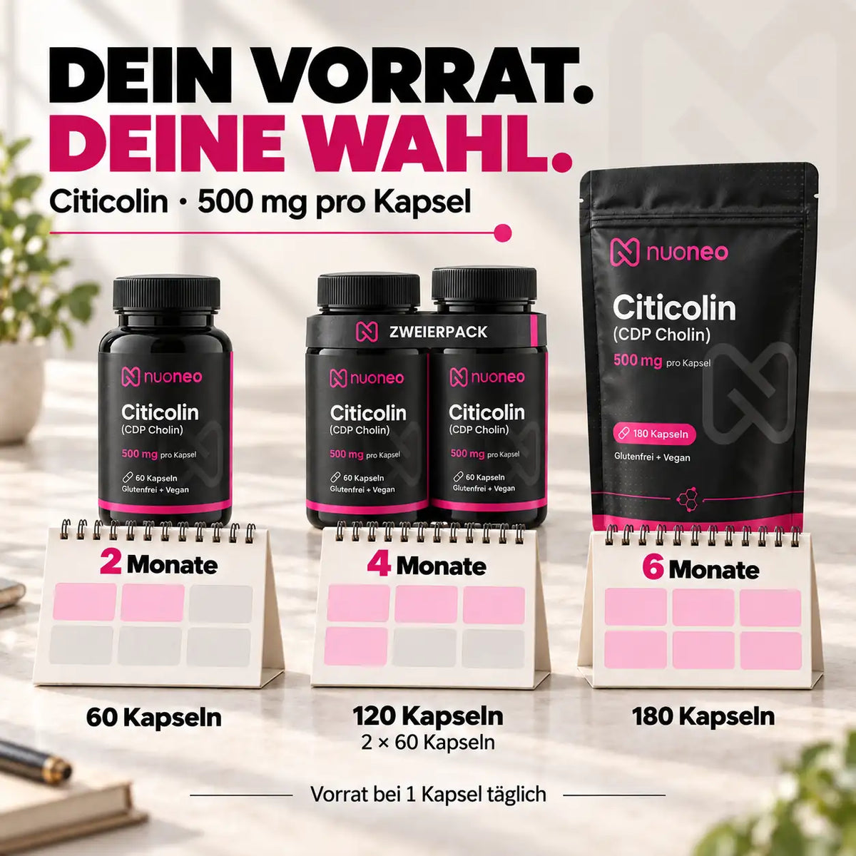 Citicolin 500 mg Kapseln in 60, 120 und 180 Stück für zwei, vier oder sechs Monate