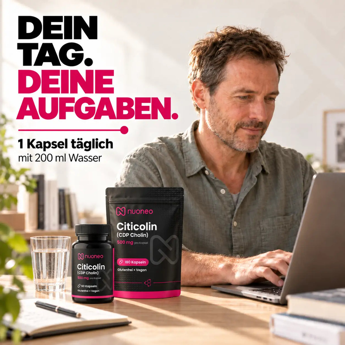 Citicolin Kapseln für die tägliche Einnahme mit Wasser – Dose und Vorratsbeutel