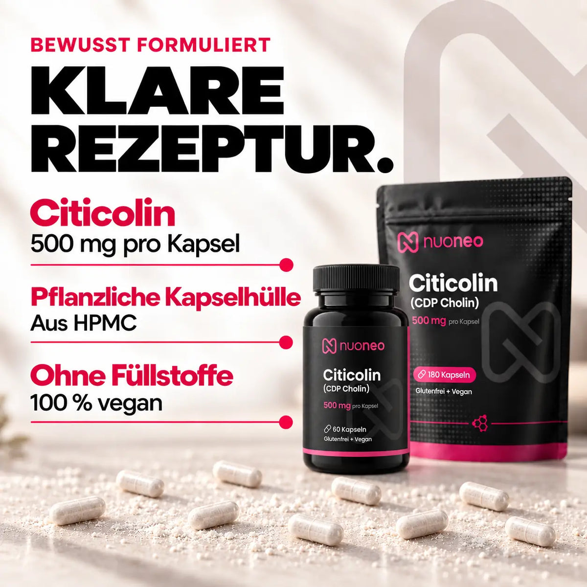 Citicolin 500 mg pro Kapsel in pflanzlicher HPMC-Kapselhülle, ohne Füllstoffe und vegan