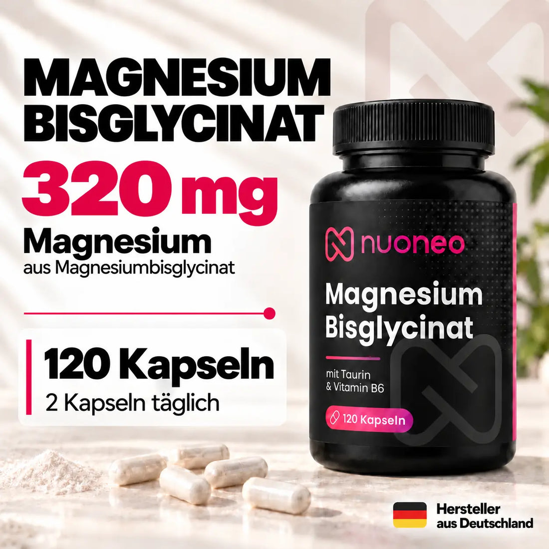 Magnesium-Bisglycinat Kapseln mit Taurin und Vitamin B6 – 120 Kapseln von nuoneo