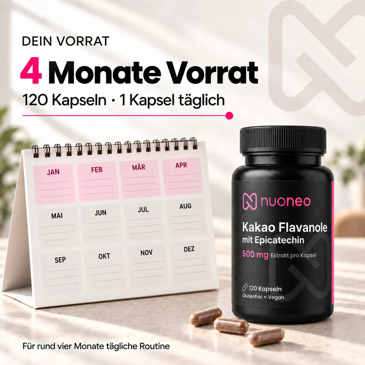 nuoneo Kakao-Extrakt mit 120 Kapseln für vier Monate bei einer Kapsel täglich