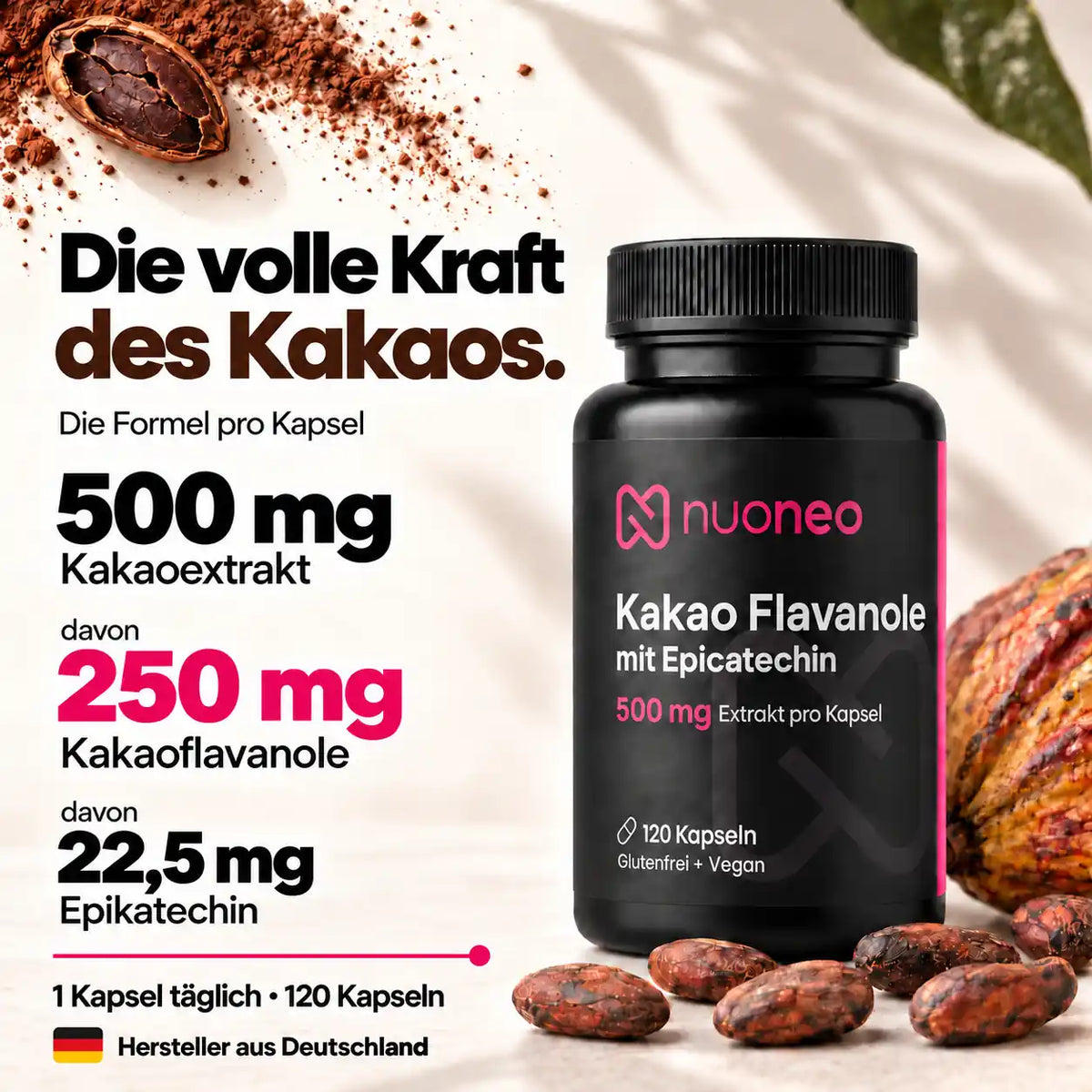 nuoneo Kakao-Extrakt mit 500 mg Extrakt, 250 mg Kakaoflavanolen und 22,5 mg Epicatechin pro Kapsel
