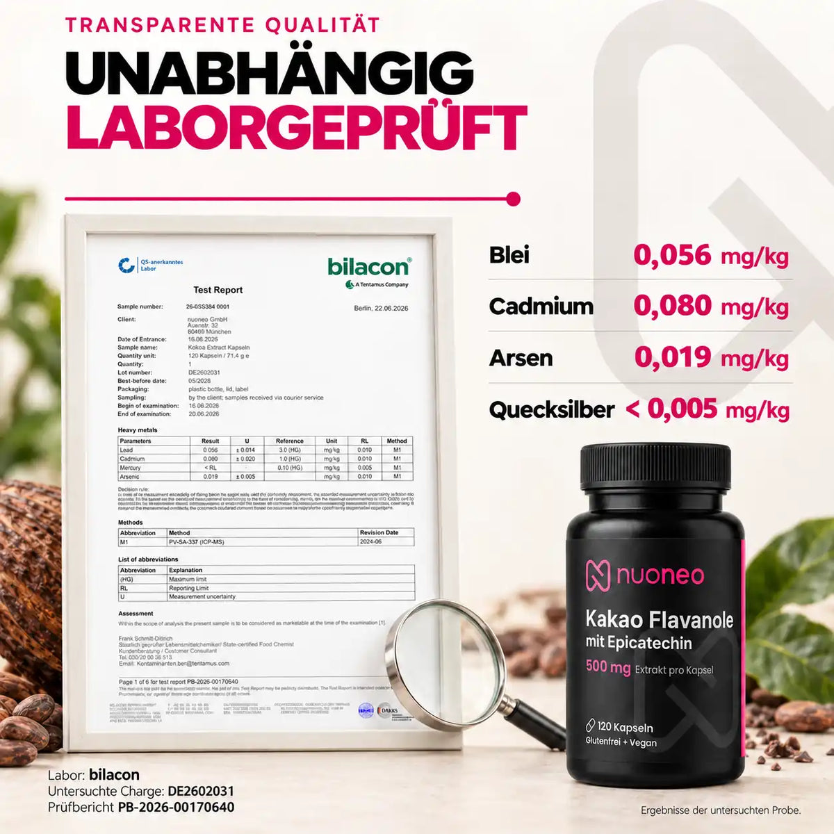 Unabhängiger Laborbericht des nuoneo Kakao-Extrakts mit Ergebnissen zu Blei, Cadmium, Arsen und Quecksilber