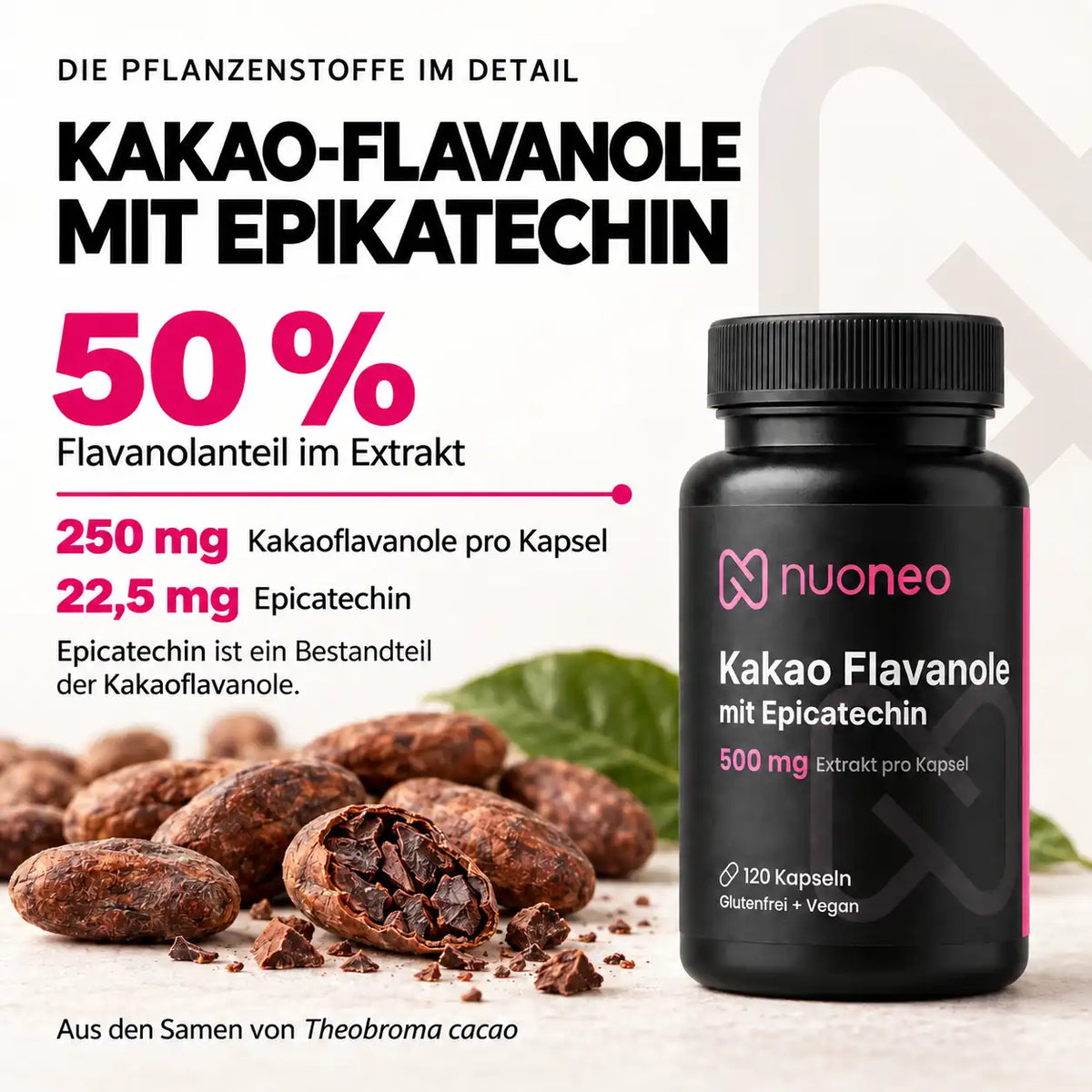 Kakao-Extrakt mit 50 % Flavanolanteil, 250 mg Kakaoflavanolen und 22,5 mg Epicatechin pro Kapsel