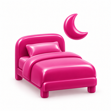 Glänzendes magentafarbenes Bett mit Halbmond als Symbol für die Abendroutine