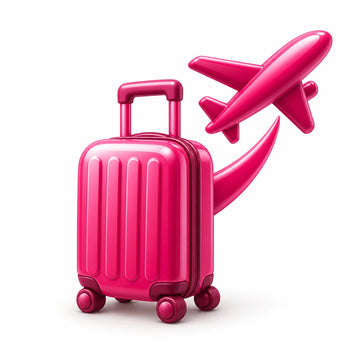 Glänzender magentafarbener Koffer mit Flugzeug als Symbol für Reisen und Jetlag